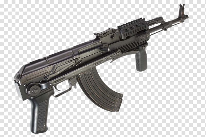 Black AK-47 assault rifle with curved magazine, pistol grip, and Picatinny rail, isolated on transparent background.