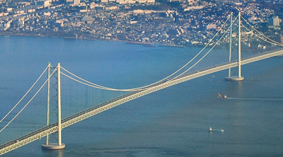 Aerial view of a large suspension bridge spanning blue waters with a coastal city in the background.