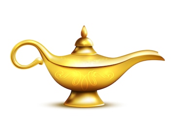 Golden genie lamp with ornate floral engravings and a curved spout, rendered in glossy 3D style on white background.