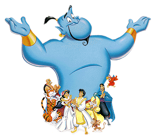 Genie from Disney's Aladdin with Aladdin, Jasmine, Abu, Iago, and the Sultan in a joyful group pose.