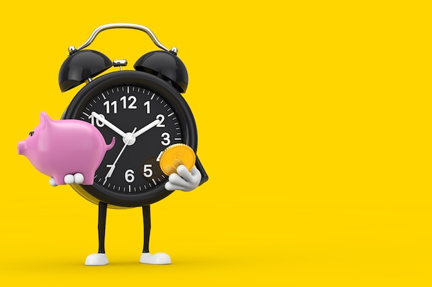 Animated alarm clock with arms and legs holding a pink piggy bank and a gold coin against a yellow background.