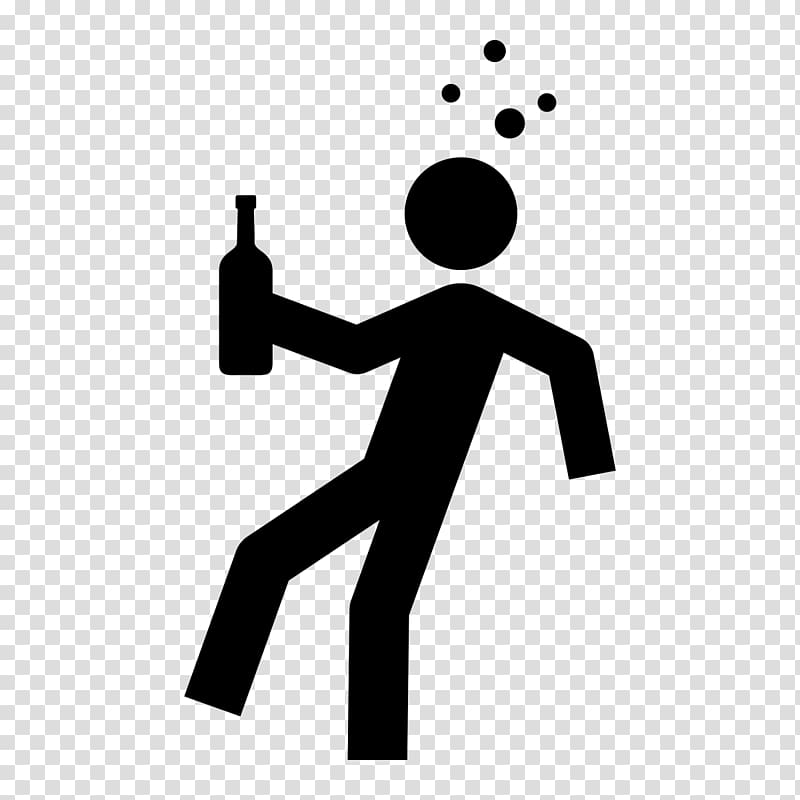 Stick figure holding a bottle, stumbling with bubbles above head indicating intoxication.