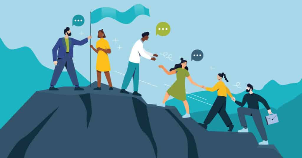 Diverse team collaborates to climb a mountain peak, with leaders guiding and supporting others upward.