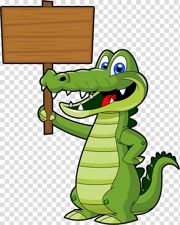 Friendly green cartoon alligator holding a blank wooden sign, smiling with sharp teeth and blue eyes.