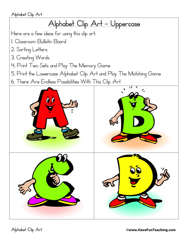 Uppercase alphabet clip art featuring smiling, anthropomorphic letters A, B, C, and D with arms, legs, and expressive faces.