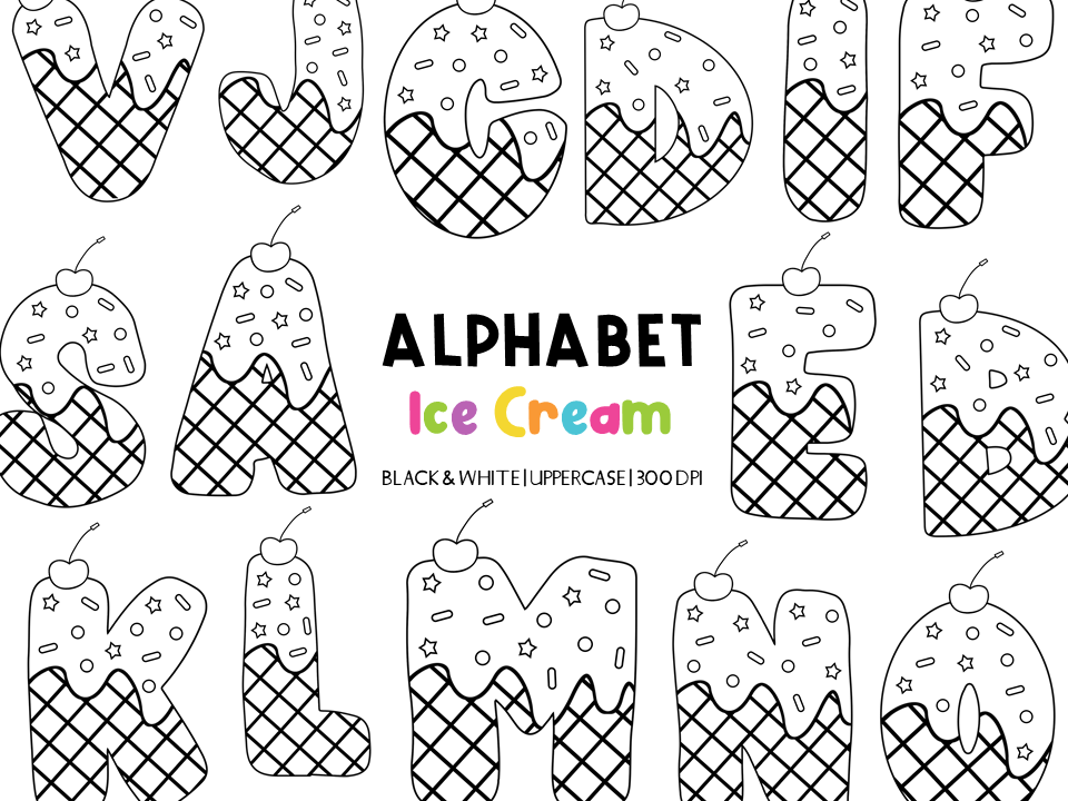 Black-and-white uppercase alphabet letters styled as ice cream cones with waffle texture, sprinkles, and cherries.