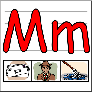 Letter M in red uppercase and lowercase with three illustrative icons: mail, man, mop.