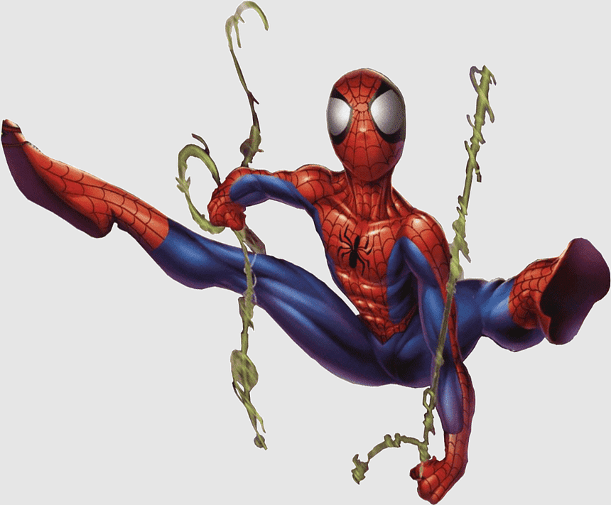 Spider-Man in classic red-and-blue suit swinging with green webbing against a light background.
