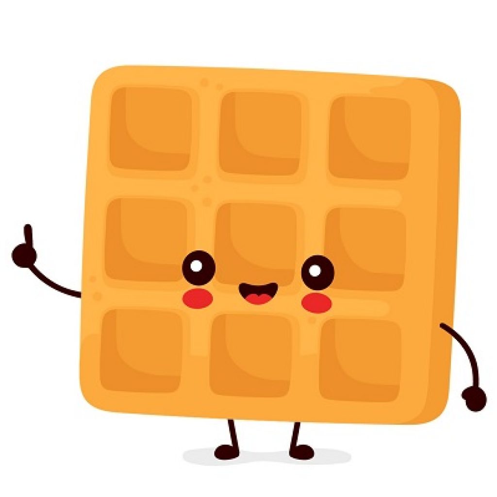 Cheerful cartoon waffle character with arms, legs, smiling face, and rosy cheeks pointing upward.