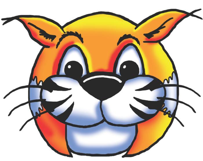 Cheerful cartoon cat face with orange-yellow fur, blue muzzle, and expressive eyes.