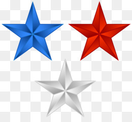 Three glossy 3D stars in blue, red, and silver on a transparent background.