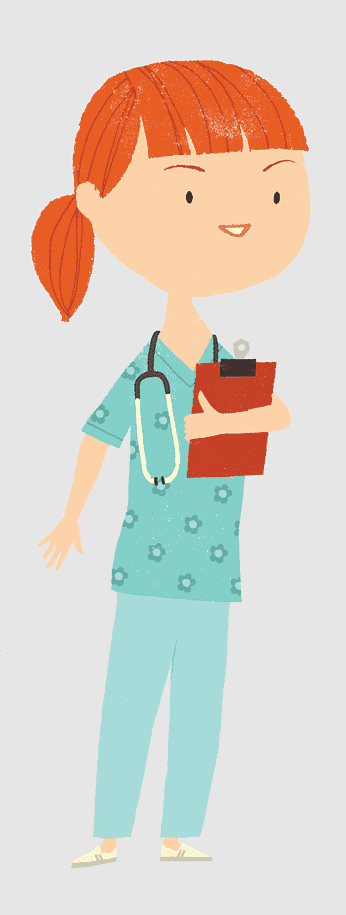 Friendly cartoon nurse with red hair, stethoscope, and clipboard in teal scrubs.