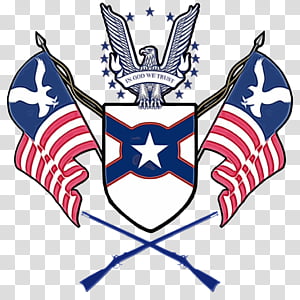 Patriotic emblem featuring bald eagle, crossed rifles, American flags, and shield with star and stripes motif.
