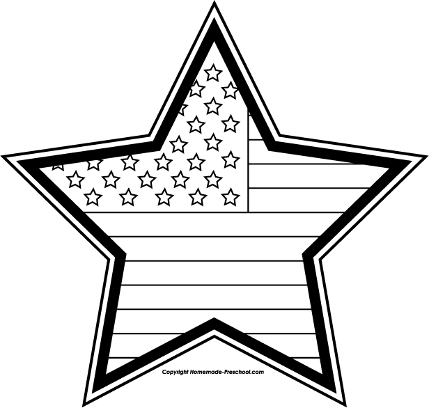 Patriotic star-shaped coloring page featuring U.S. flag design with stars and stripes inside a bold outline.
