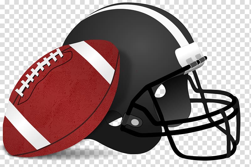 Black football helmet with white stripe beside a red American football with white laces and stripes.
