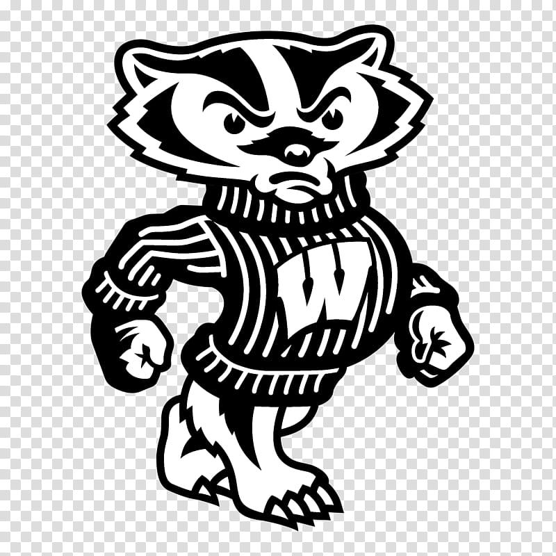 Wisconsin Badgers mascot Bucky Badger in a striped sweater with a bold "W", standing aggressively with fists clenched.