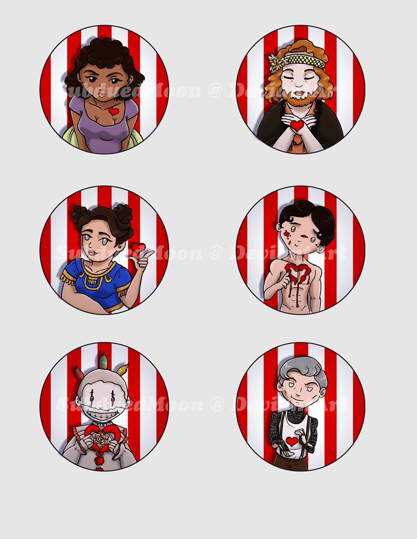 Six illustrated characters in circular frames against red-and-white striped backgrounds, each holding or interacting with a heart symbol.