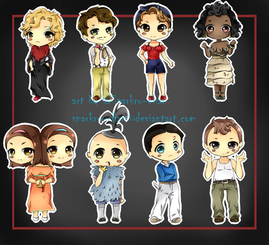 Chibi-style illustrations of eight diverse characters in expressive poses and outfits, art by Sparkru-chan.