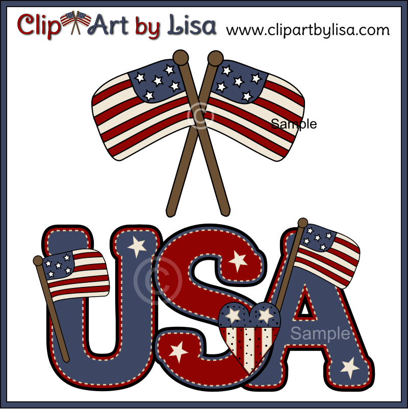 Patriotic USA clipart with crossed American flags and stylized "USA" letters in red, white, and blue with stars and stripes.