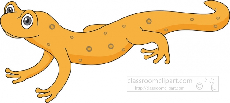 Bright orange cartoon salamander with large eyes and spotted skin, posed mid-crawl on white background.