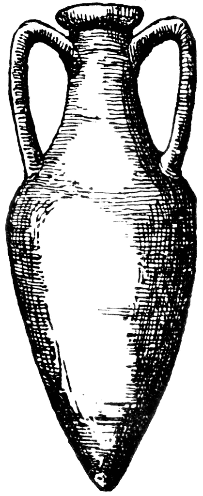 Black-and-white line drawing of an ancient Greek amphora with two handles and a pointed base.