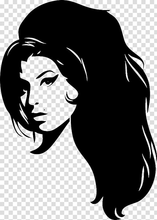 Black-and-white stylized illustration of a woman’s profile with long flowing hair and defined features.