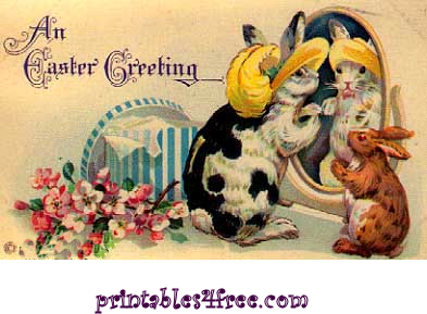 Vintage Easter greeting card featuring rabbits, a mirror, flowers, and decorative text.
