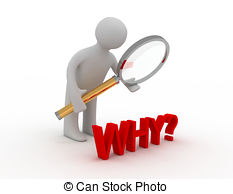 3D figure examining bold red "WHY?" text with magnifying glass, symbolizing inquiry and root cause analysis.