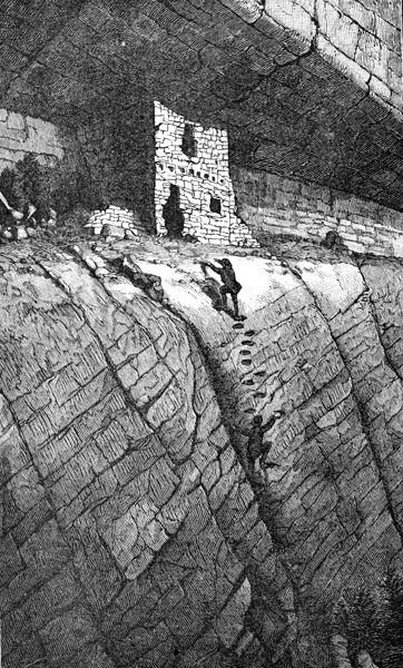 Climber Ascending Cliff to Ancient Ruin - Vintage Illustration