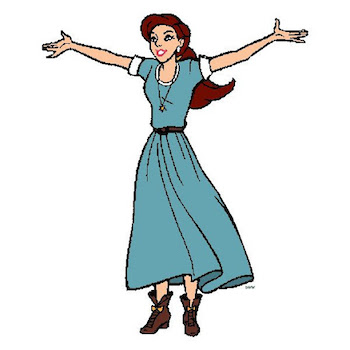 Disney’s Ariel in her human form, wearing a blue dress and brown boots, arms outstretched joyfully.