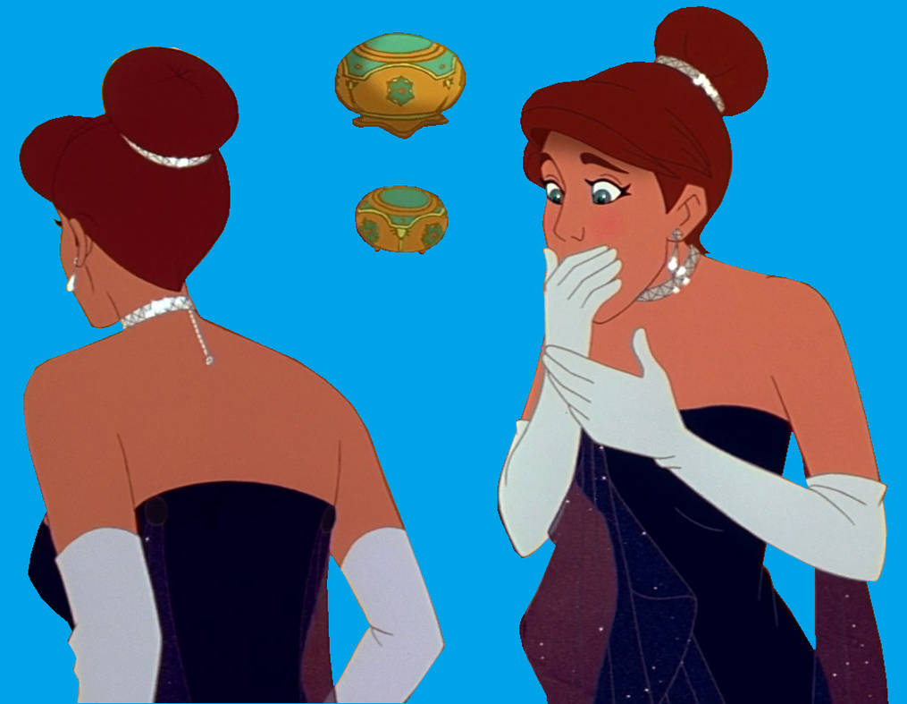 A woman in an elegant black gown and white gloves reacts with surprise while looking at ornate jewelry boxes, viewed from front and back.