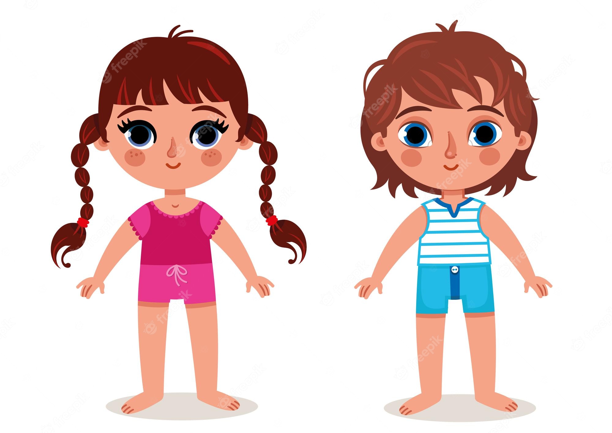 Cartoon illustration of a smiling girl with pigtails in pink outfit and a boy with brown hair in striped top and blue shorts.