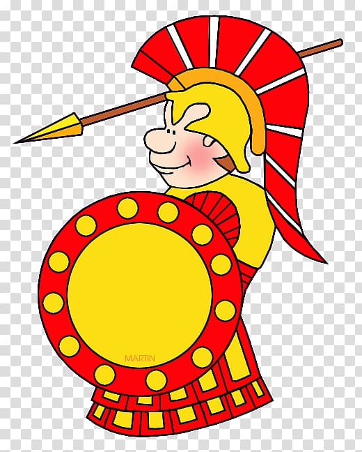 Cartoon Roman soldier with red plumed helmet, spear, and round yellow shield with red border.