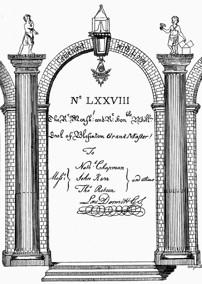 Masonic certificate arch with columns, statues, and handwritten names under a lantern and compass symbol.