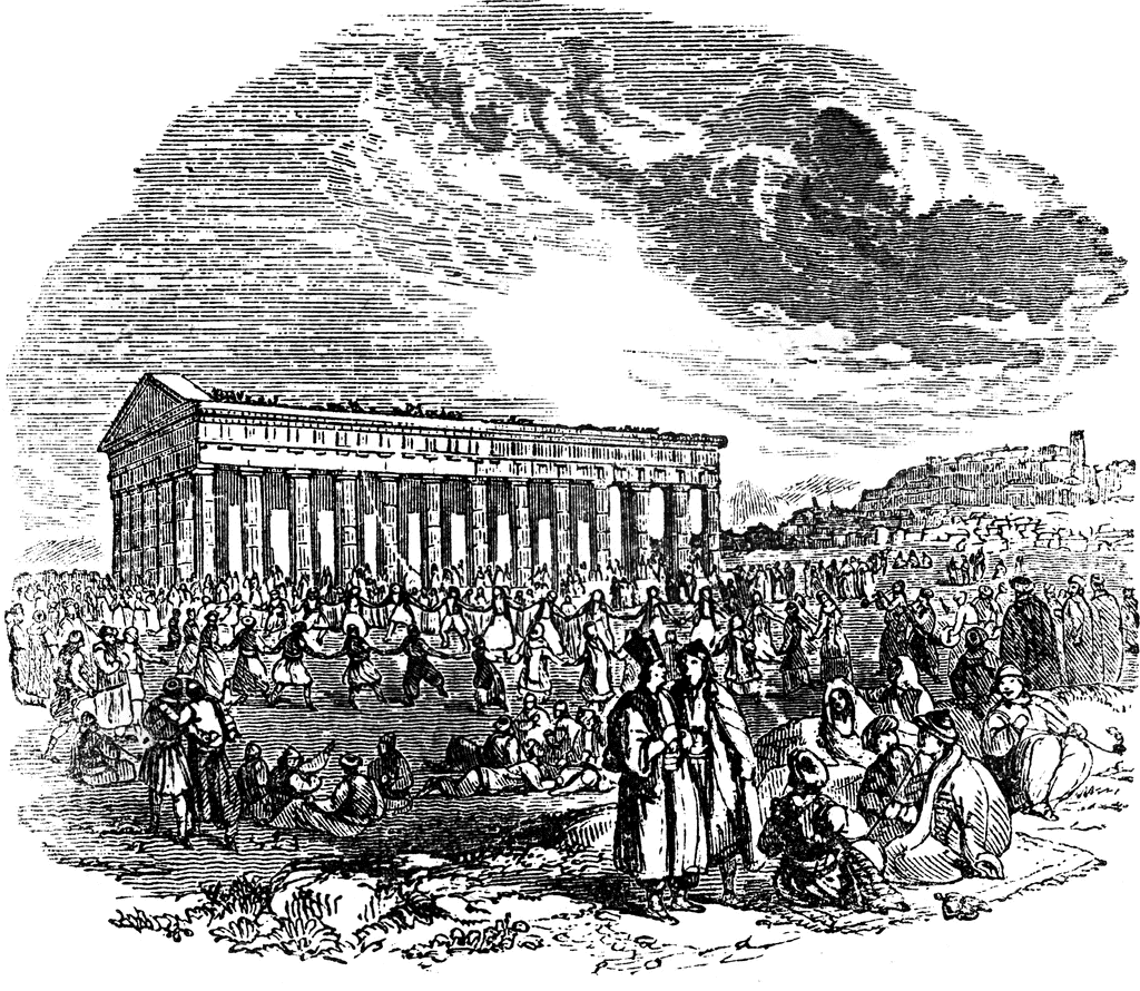 Historical engraving of a large crowd dancing and gathering before a classical Greek temple, with figures in traditional attire.