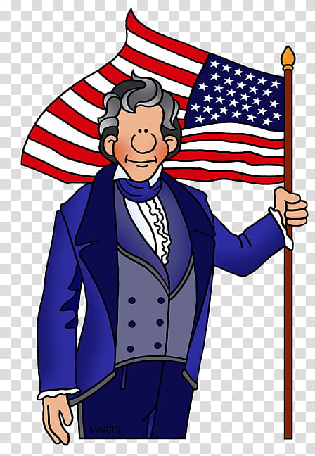 Cartoon illustration of a historical American figure in 19th-century attire holding a U.S. flag.