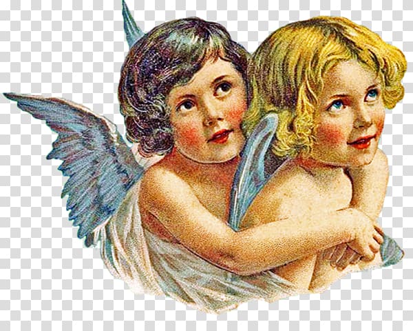Two cherubic angels with delicate wings embracing, vintage illustration style with soft colors and rosy cheeks.