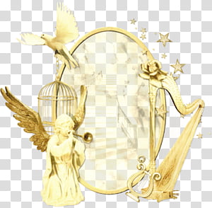 Golden angel with harp, birdcage, and flying dove in ornate frame with stars and roses