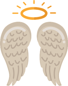 A pair of beige angel wings with a golden halo above, stylized in flat vector design on a teal background.