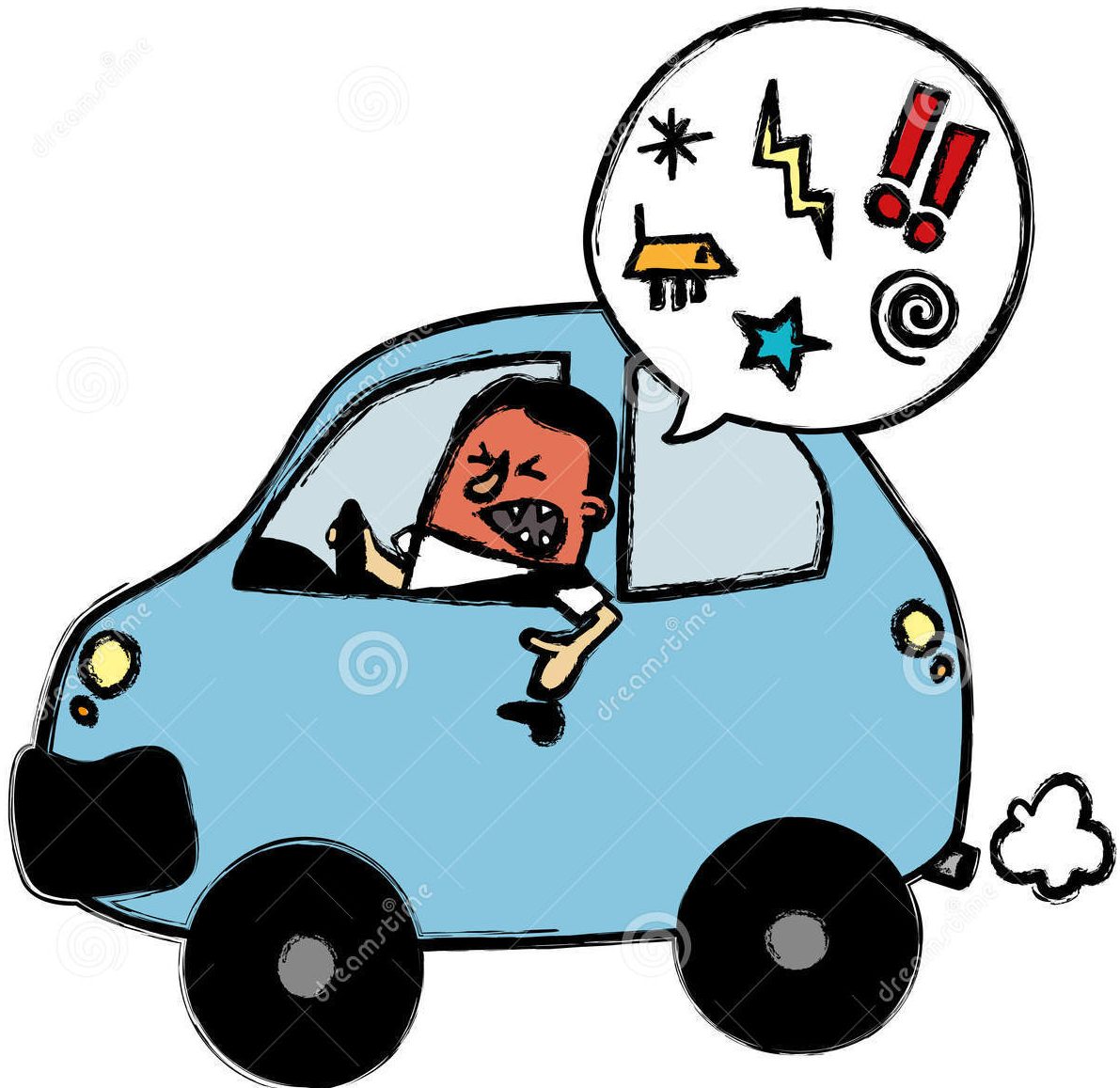 Angry driver in a blue car with frustration symbols in speech bubble, cartoon style.