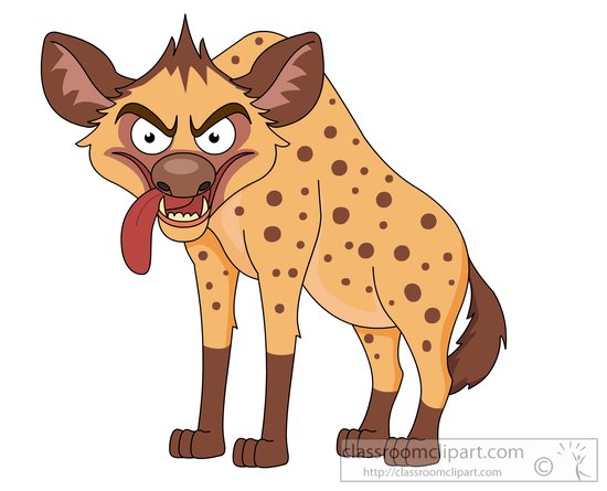 Angry cartoon hyena with spotted fur, bared teeth, and lolling tongue on white background.