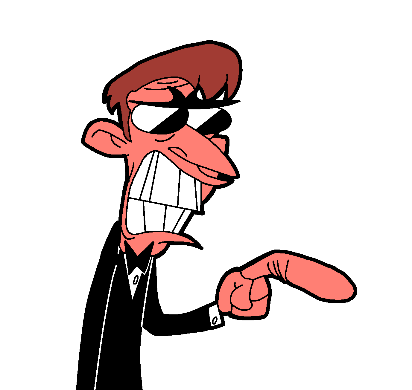 Animated villainous character with red hair, black eye mask, gritted teeth, and pointing finger while holding a card.