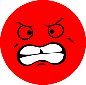 A bright red circular emoji with furrowed brows, glaring eyes, and a snarling mouth showing teeth, expressing intense anger.