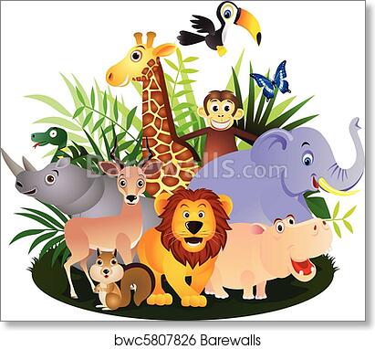 Cartoon jungle animals including lion, giraffe, elephant, monkey, rhino, deer, hippo, toucan, snake, squirrel, and butterfly on green foliage.