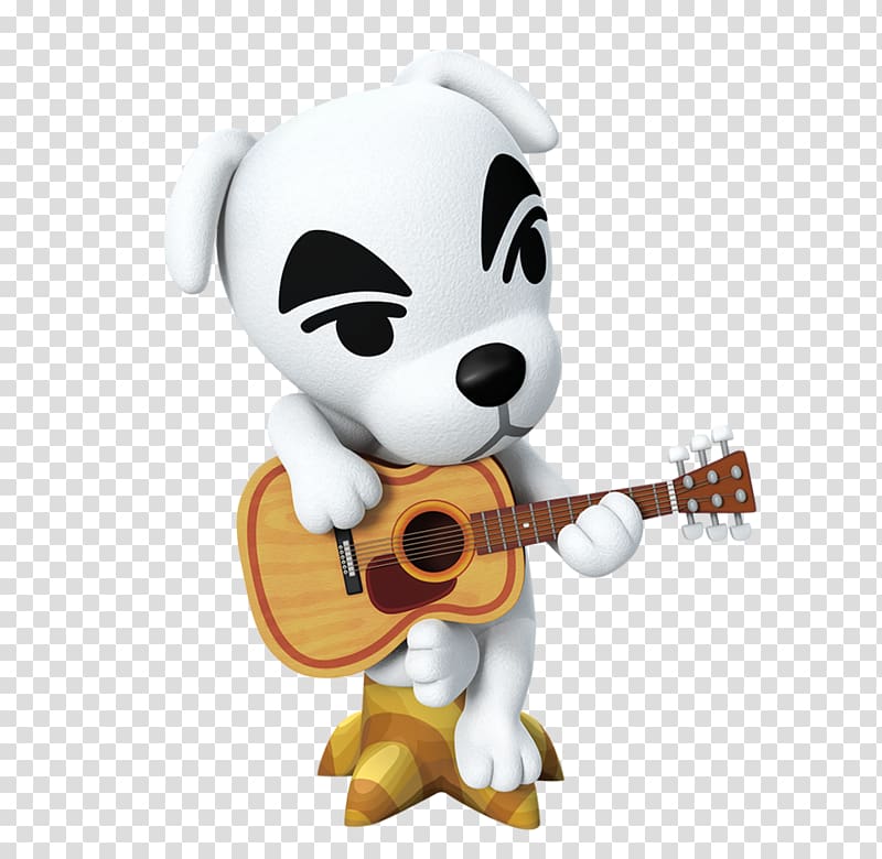 K.K. Slider, a white dog character from Animal Crossing, playing an acoustic guitar with a relaxed expression.