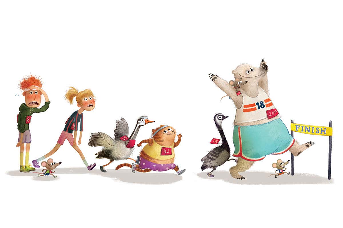 Friendly forest animals-bear, fox, rabbit, owl, and bird-gather under a tree in a whimsical cartoon scene.