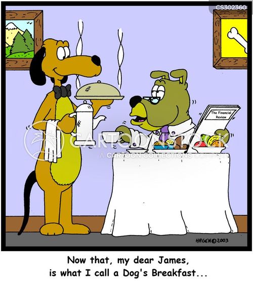 A cartoon dog waiter serves breakfast to a seated dog reading "The Financial Review," with steam rising from a covered dish.