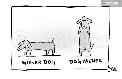 A cartoon showing a long, low "Wiener Dog" next to a startled upright "Dog Wiener", playing on the pun of dachshund vs. hot dog.