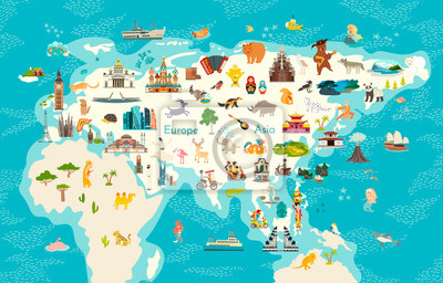 Illustrated world map featuring iconic landmarks, animals, and cultural symbols from each continent in a colorful cartoon style.