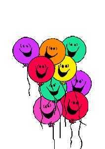 A cluster of colorful smiling balloons in purple, orange, green, red, yellow, and pink against a black background.